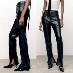 Zara Black faux leather pleather vegan high-rise pants slit ankle hem Sz 2 NWOT